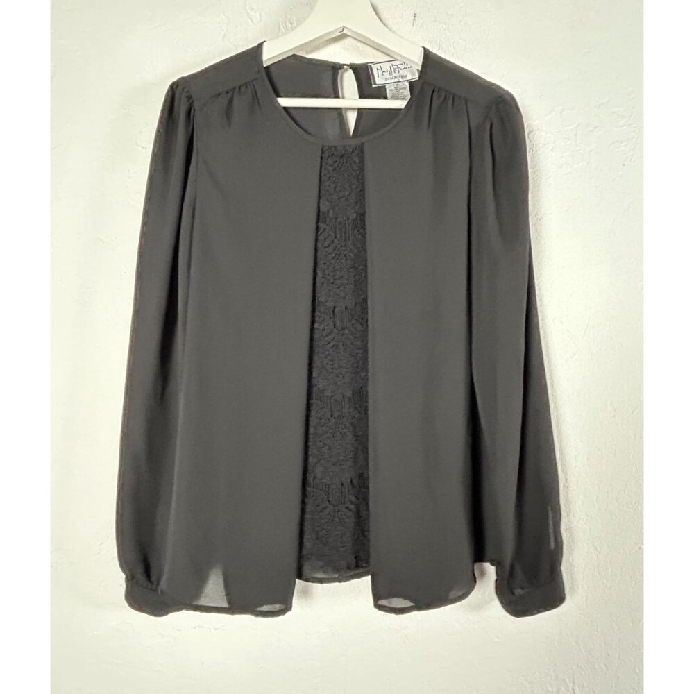 VTG Mary McFadden Collection Womens Lace Insert Blouse Size 12 Black Long Sleeve